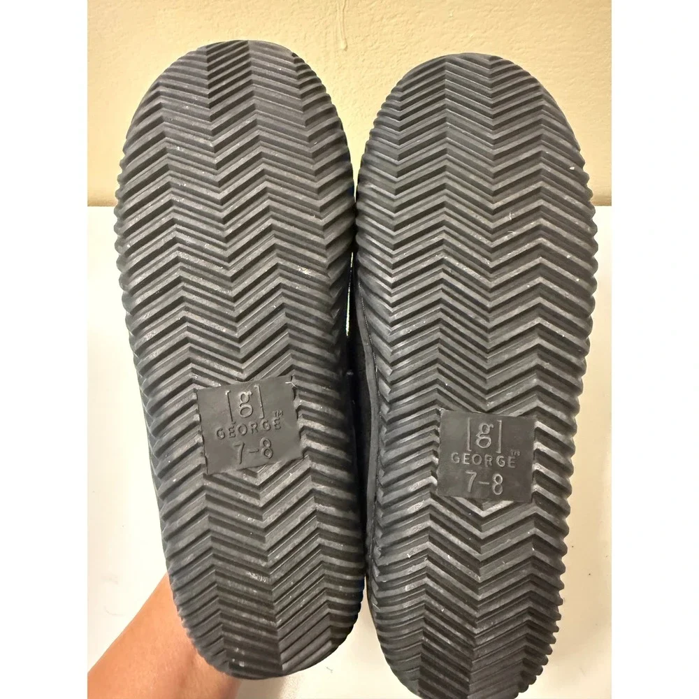 George Mens Black Suede Moccasin Slippers Faux Fur Lined House Shoes Size 7-8